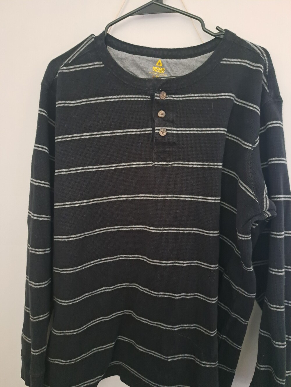 Men's Black Striped Henley Rugged Trails Long-Sleeve Shirt